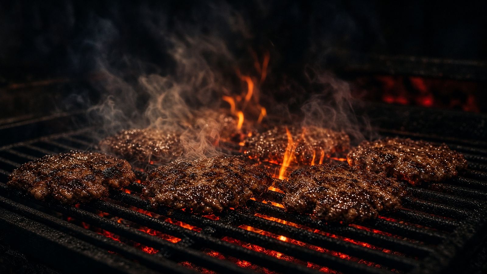 Hamburguesas al fuego en la parrilla de Valhalla Grill de Barrio